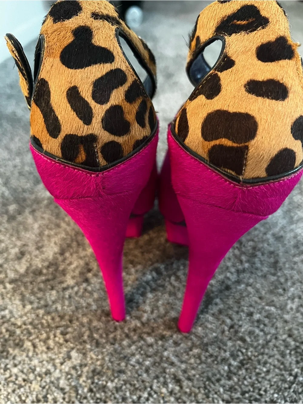 London Trash Fuchsia Platform Peep-Ankle Heels with Leopard Strap